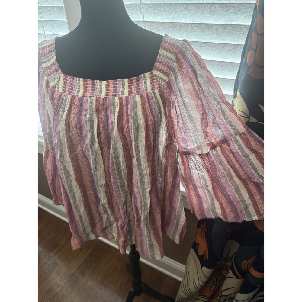 Chaps Women's 100% Cotton Lightweight Pink Striped Blouse W/ Bell Sleeves. Sz S‎